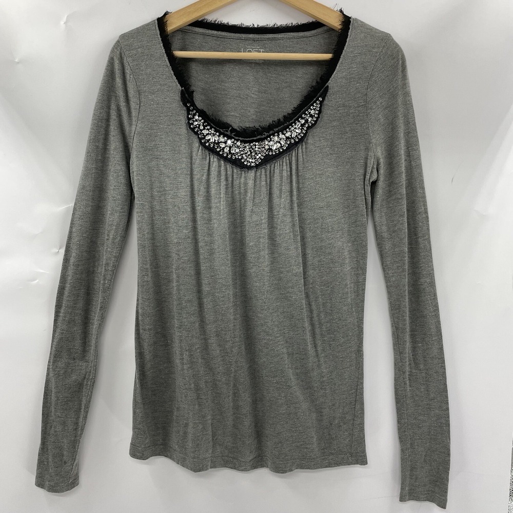 Ann Taylor Loft Women's Long Sleeve Blouse Round Neck Gray Size S Embellished